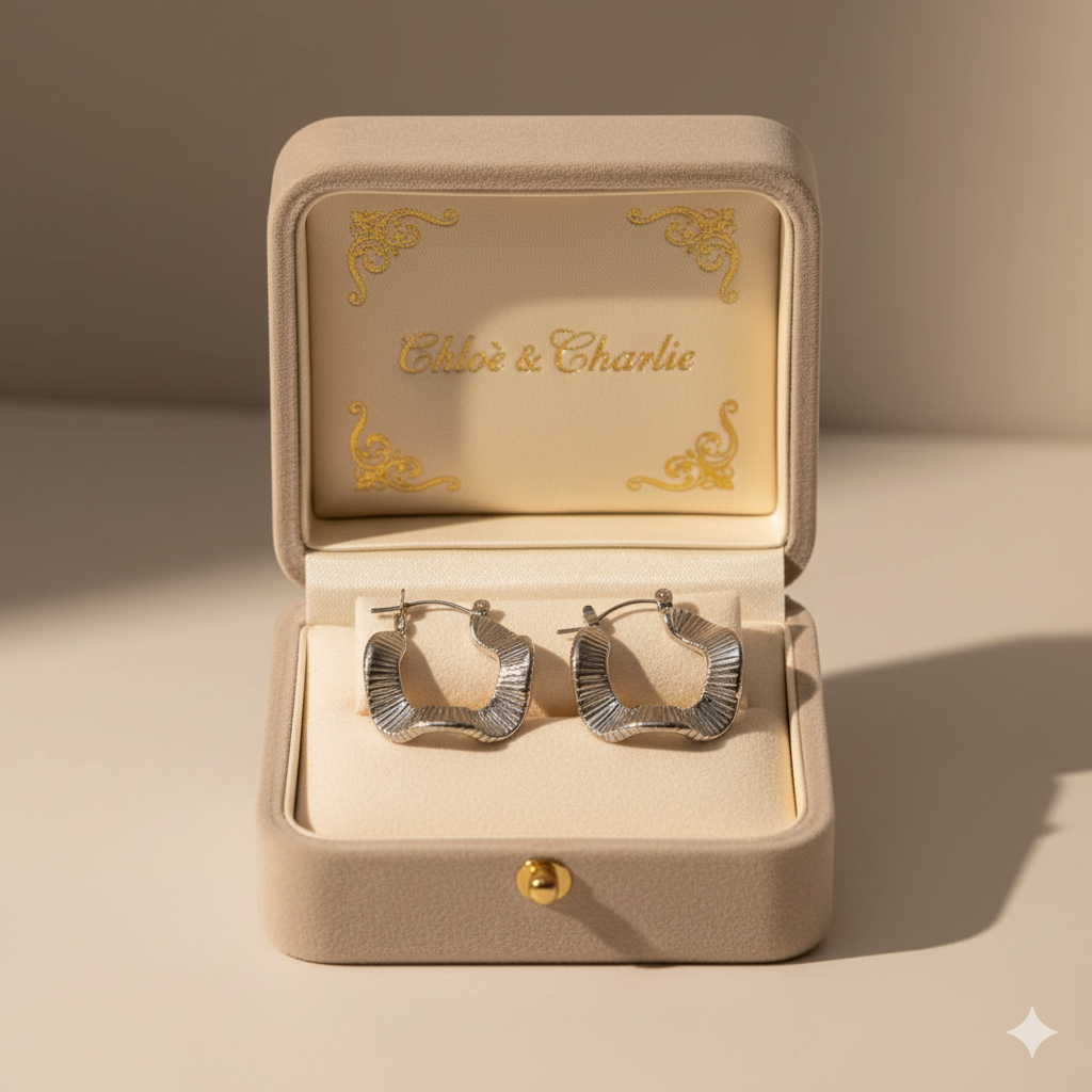 Geometric Wave Silver Hoop Earrings